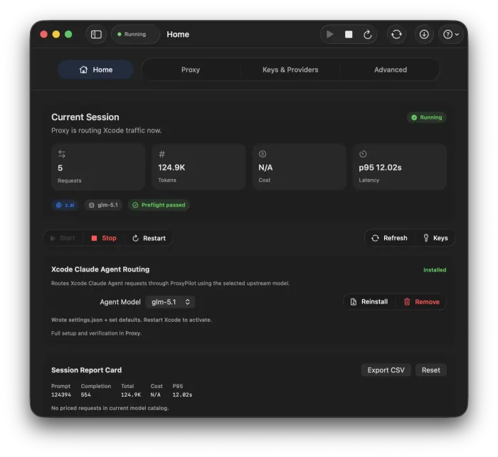 ProxyPilot Home dashboard showing the real running-state app UI with dark appearance, session metrics, Xcode routing setup, and session report controls.