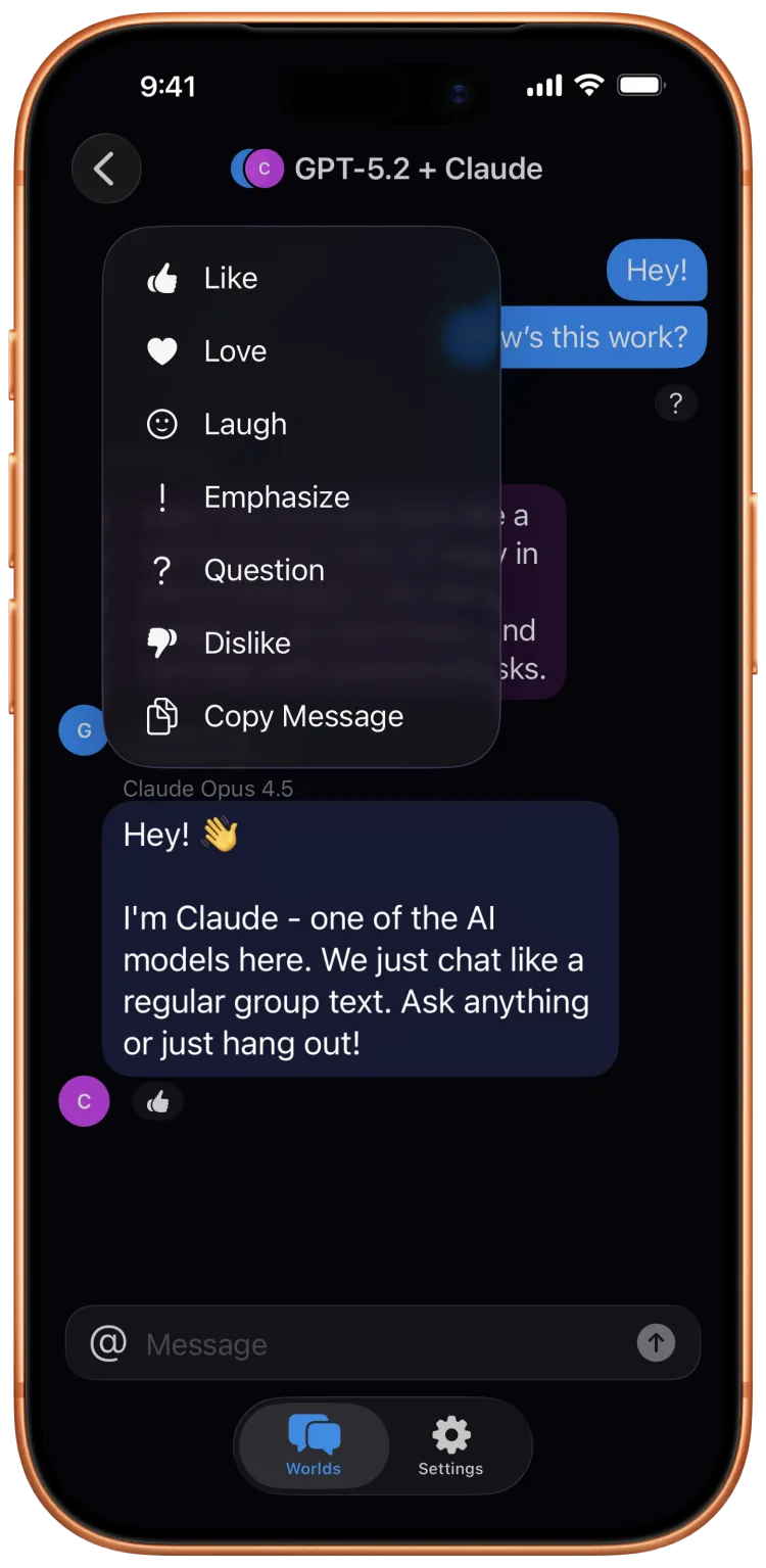 InOrbit conversation view with several AI participants replying in one World
