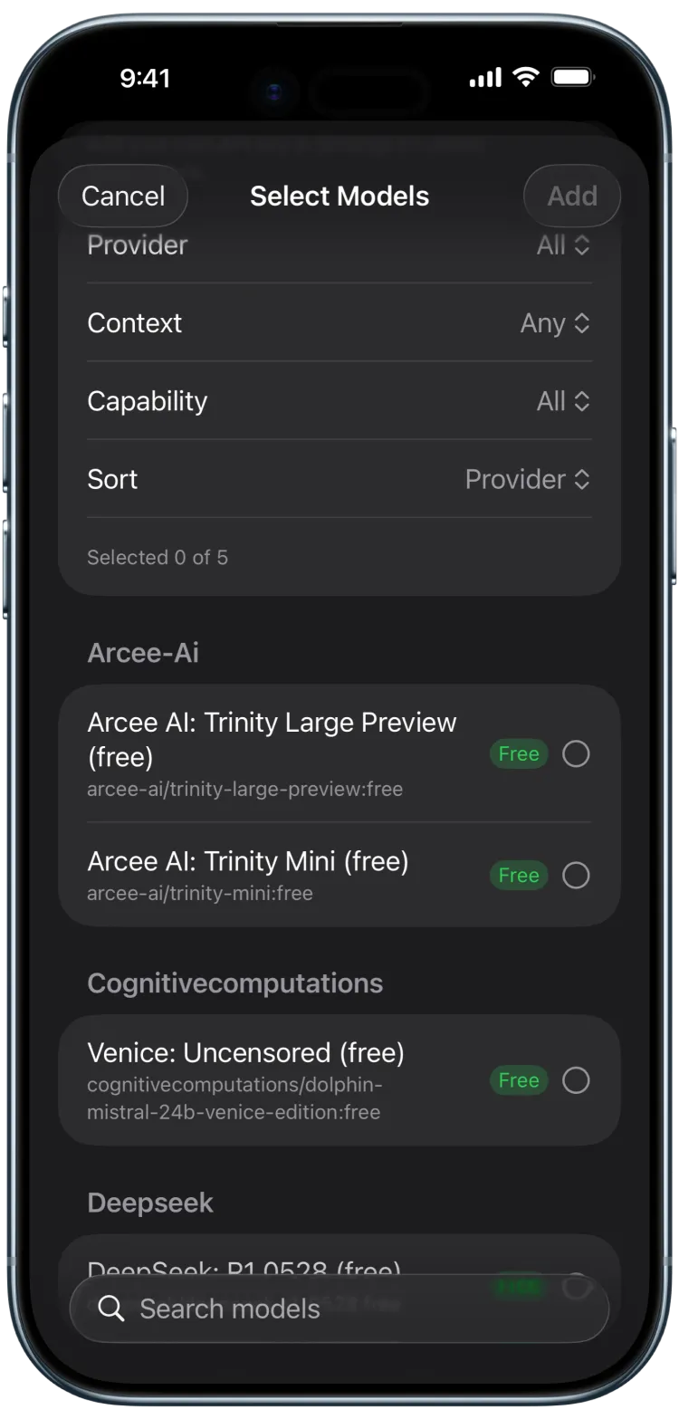 InOrbit model picker with filterable OpenRouter models